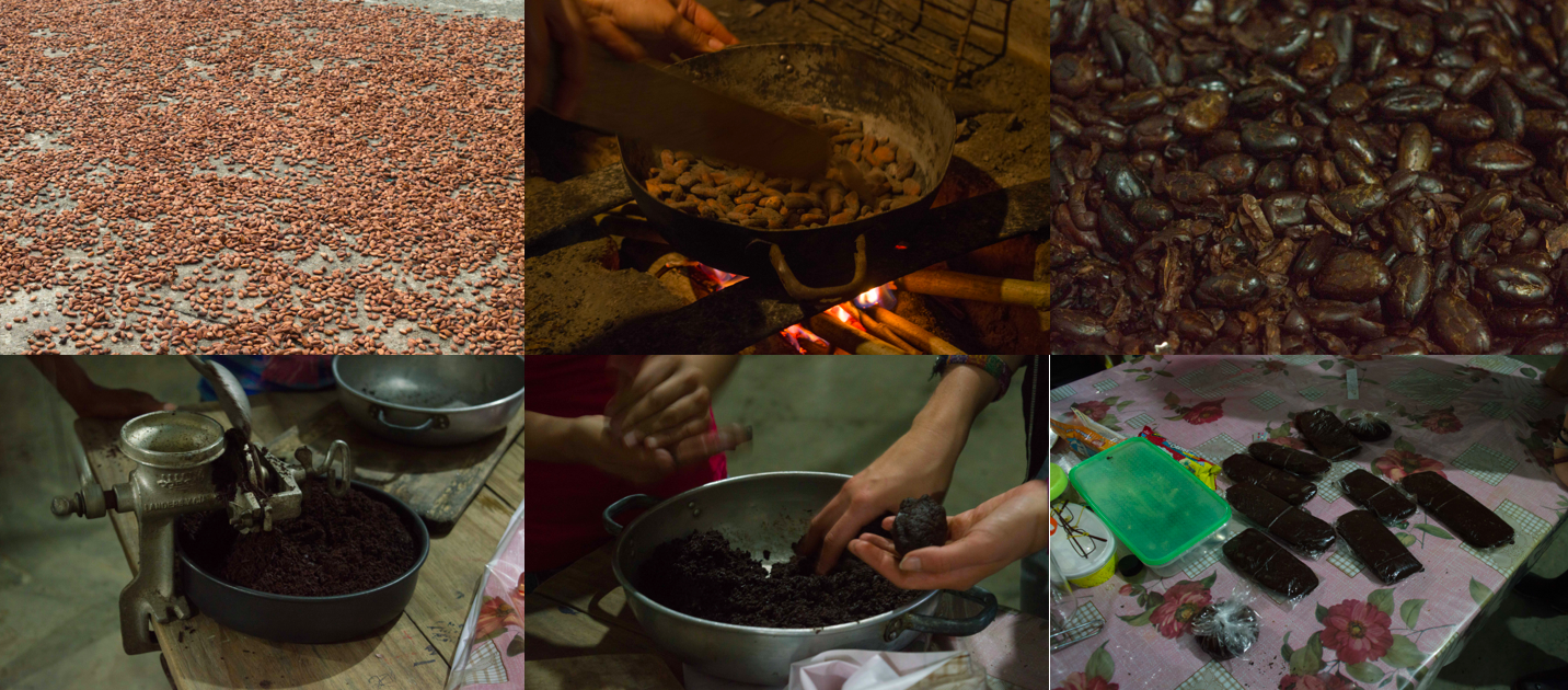 Övre bilden till vänster: Kakaobönor soltorkas och fermenteras. Övre bilden i mitten: Kakaobönor rostas. Övre till höger: Skalade kakaobönor Nedre bilden till vänster: Kakaobönor mals till massa. Nedre bilden i mitten: Valeria och Matilda gör kakaoplattor. Nedre till höger: Färdiga kakaomasseplattor. Foton: Tove Dahlbom